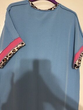 Light Blue Ribbed Women's Top with Pink & Leopard Trim by